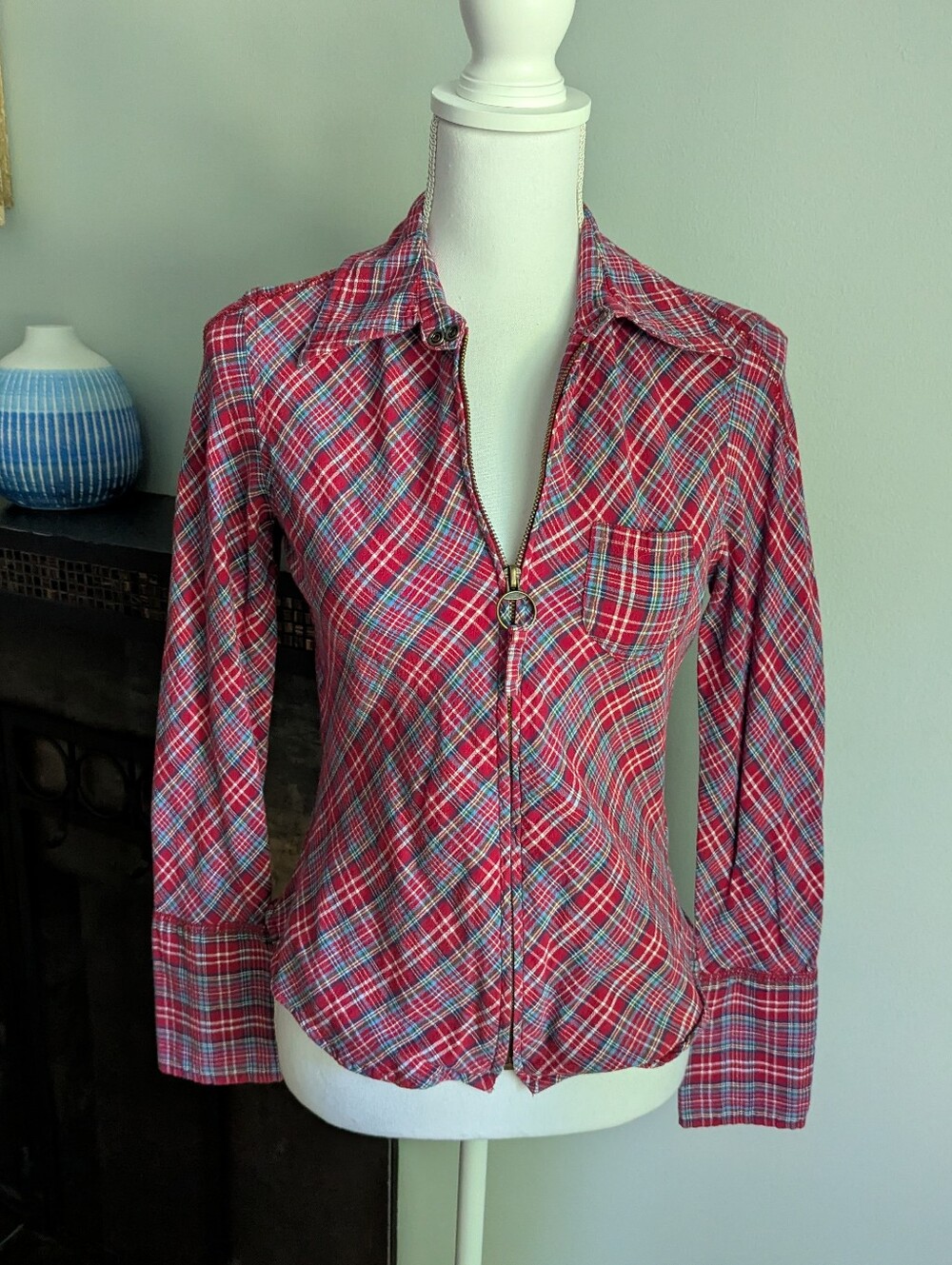 Vintage 90s Zip Front Shirt Womens Small Diagonal Plaid Red Long Sleeve Western